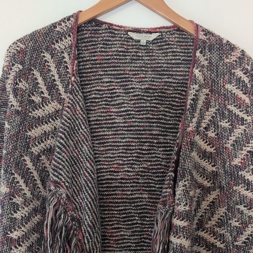 Lucky Brand Women's Open Front Boho Cotton Cardigan Fringe Pink Cream Black Sz S - Picture 5 of 10
